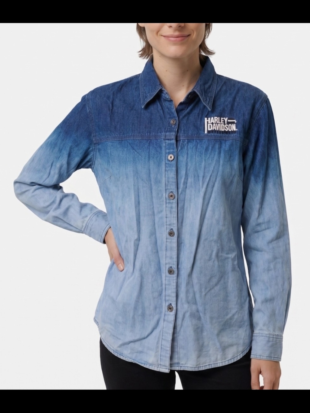 HARLEY DAVIDSON OMBRE DENIM BUTTON UP SHIRT TOP SZ XL